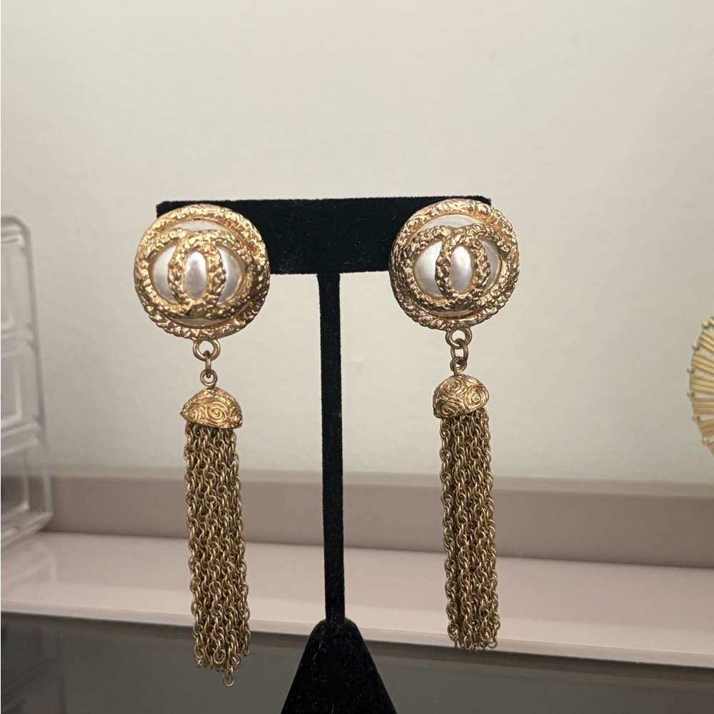 Vintage Gold and Pearl Drop Tassel Earrings
